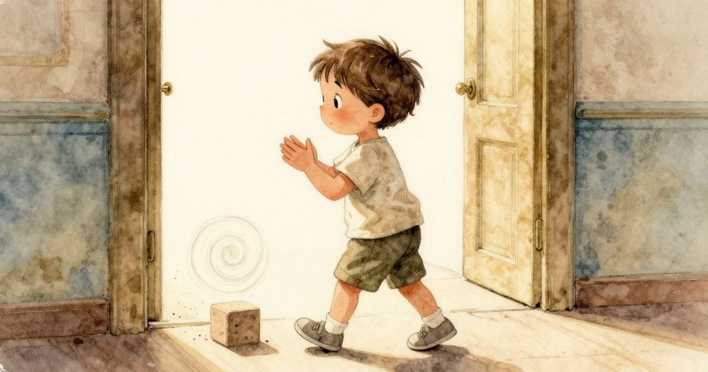 Zev轉身觀察灰塵圓圈並快樂地鼓掌,充滿探索精神,室內光線柔和,展現溫馨回家之路