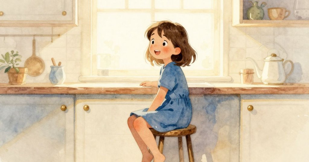 Kit坐在廚房凳子上，清晨亮光勾勒出她的輪廓，忙碌的工作檯和溫暖燈光營造出舒適家居氛圍