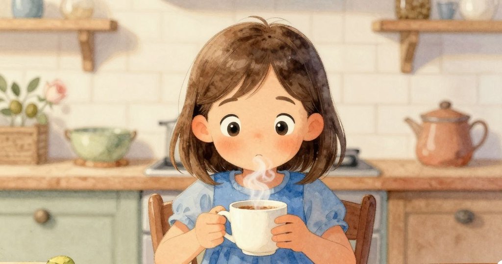 Kit瞇著眼睛注視著冒熱氣的杯子，眼中充滿驚奇與好奇，溫暖廚房背景呈現細膩晨光變化