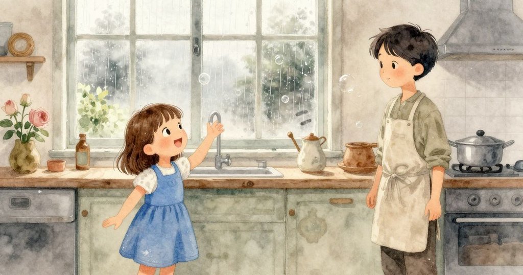 窗外細雨輕敲玻璃，薄霧覆蓋廚房窗戶，微小氣泡翻轉破裂，描繪出季節特有的溫馨靜謐氛圍