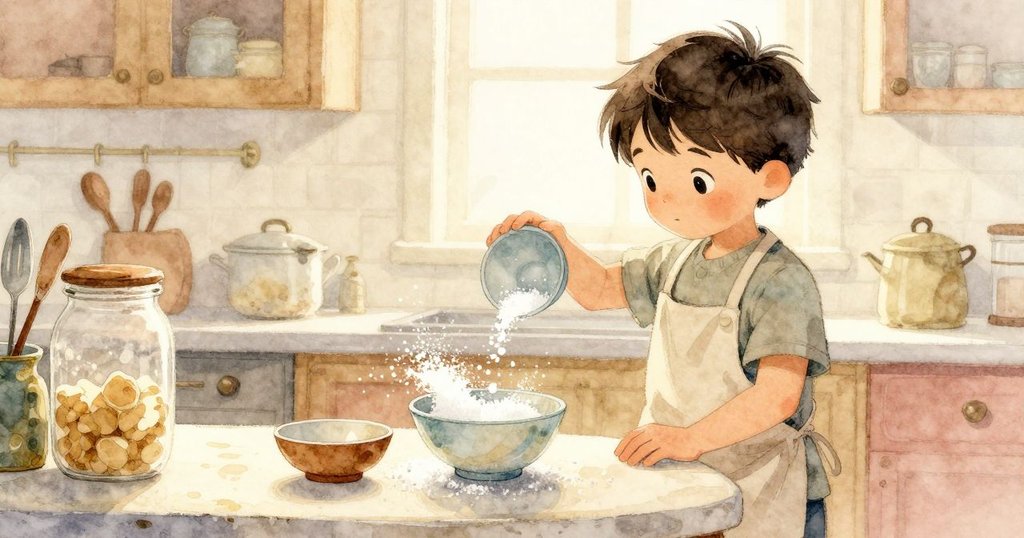 廚房工作檯上，杯子傾斜水珠滑落，糖粒閃耀，成人在碗撞罐子瞬間面露猶豫，展現故事轉折時刻