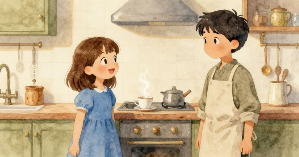 廚房恢復平靜，杯上蒸氣變淡，微光閃爍映照寧靜場景，象徵短暫騷動後家庭和諧與安心