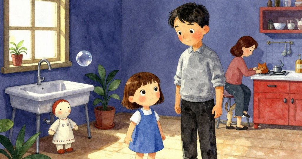 小孩站在廚房水槽旁觀察肥皂泡上升,背景有大人、布娃娃與橘色小貓,燈光溫暖且充滿活力。