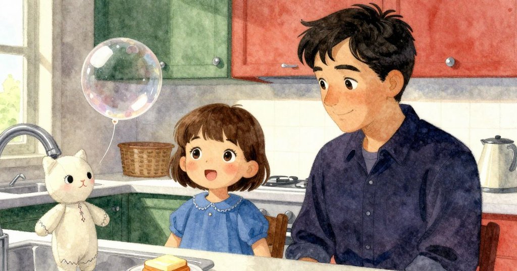 從橘色小貓視角看見漂浮的肥皂泡及櫃檯上的奶油點心,廚房溫暖光線營造出奇妙氣氛。