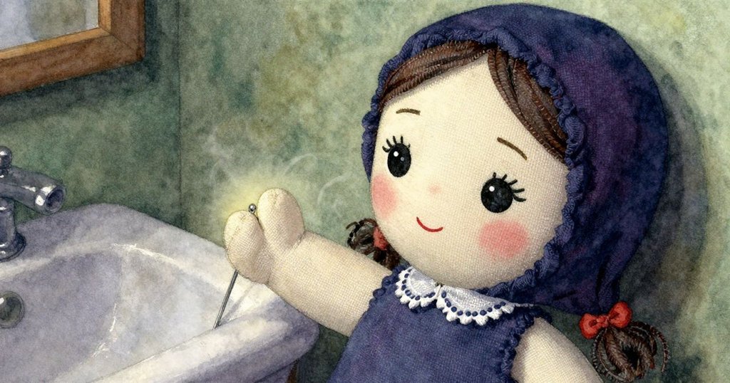 在櫥櫃下隱蔽角落中,布娃娃依偎著擺放著銀針,微妙蒸氣瀰漫瓷器上形成秘密氛圍。