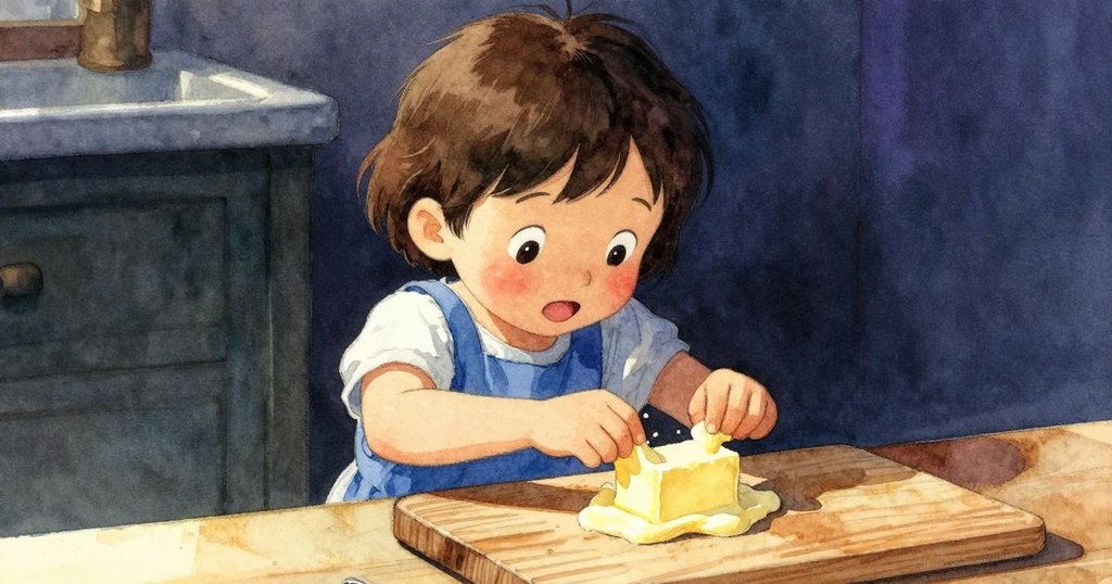 小孩注視櫃檯上柔化的奶油點心在木板上擴散,日光照射下帶來溫暖轉變,情感豐富的轉折瞬間。