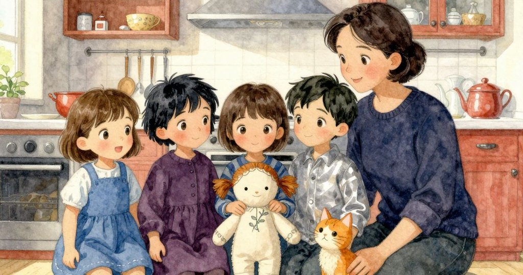 小孩、成人、布娃娃與橘色小貓在明亮廚房中重聚,明麗瓷器映出清澈光芒,大家帶著微笑共享溫暖時刻。