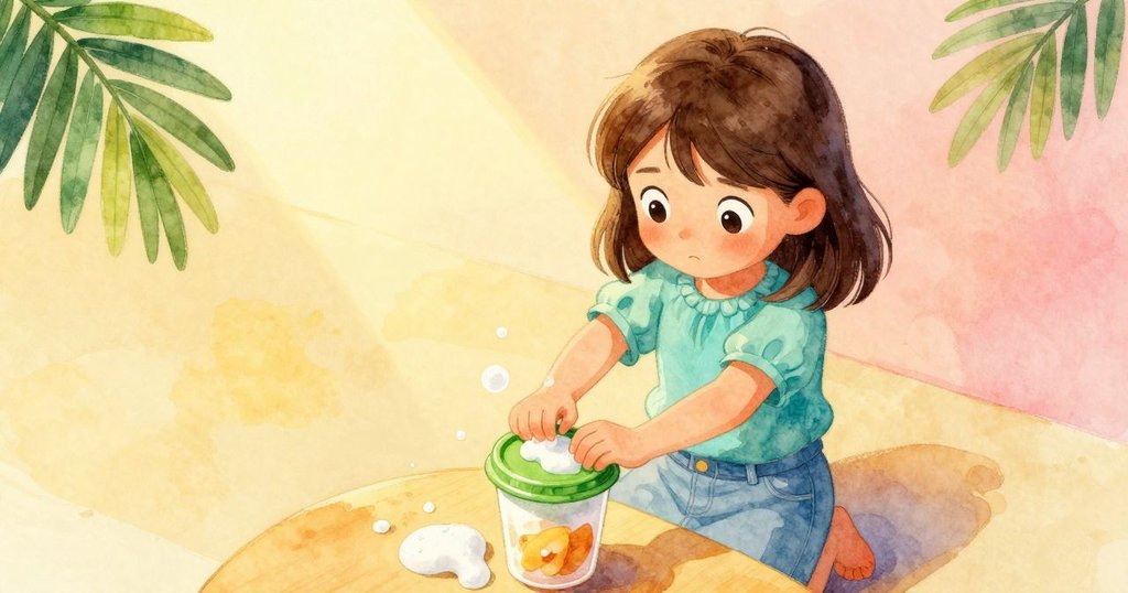 從高處觀察，Vita成功將綠色蓋子固定在杯上，伴隨著泡沫和閃爍光點，增添了一絲魔幻感