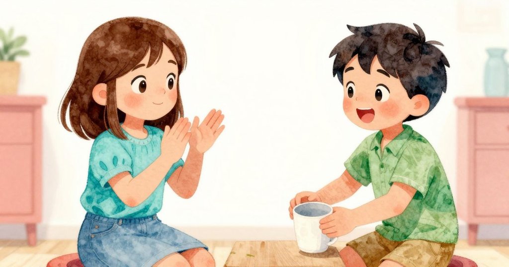 在溫暖廚房中，Vita排列整齊的杯子，Rafael興奮鼓掌慶祝成功，畫面充滿合作與歡樂的氣氛