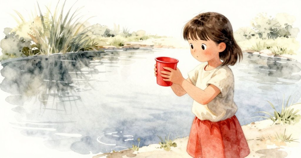 Petra輕輕敲打明亮杯子，池邊小松鼠躍動，陽光柔和灑落，展現故事開始時的寧靜與期待