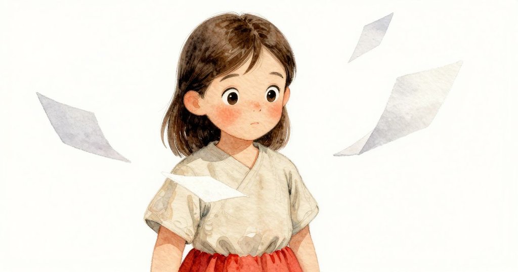 Petra專注輕拍掉落筆記本，紙頁如小旗般飄揚，細節豐富，展現故事發展中的溫柔關懷