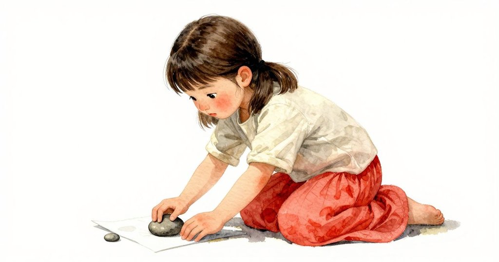 Petra在雙重畫面中一邊輕拍筆記本，一邊拾起圓潤卵石，動作連貫，展現故事轉折中的細膩情感