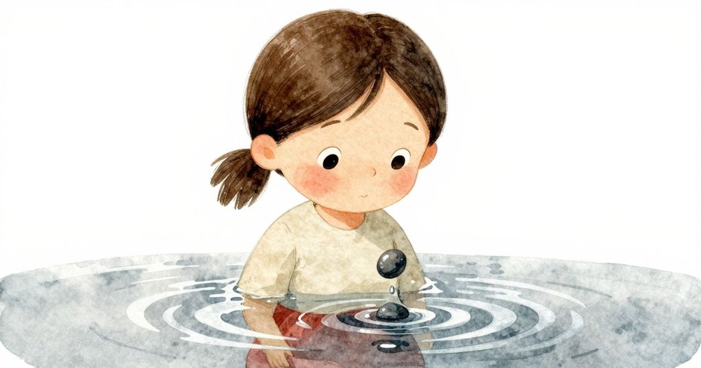 Petra將卵石丟入池中，石子激起柔和漣漪，水光閃爍，呈現自然奇妙瞬間的動態美感