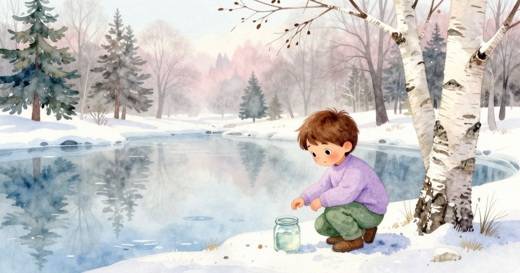 Birch在晨霧中蹲於池塘邊，透明瓶和冬樹環繞，神情期待愉悅，展開美好早晨。