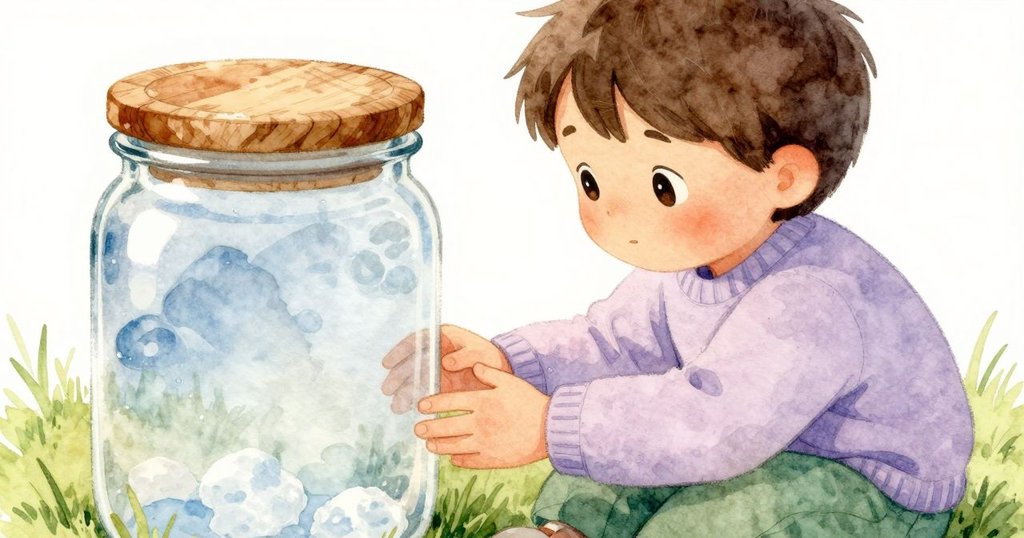 Birch細心舉起透明瓶，陽光映照木蓋與小獅子貼紙，展現細膩質感與好奇神情。