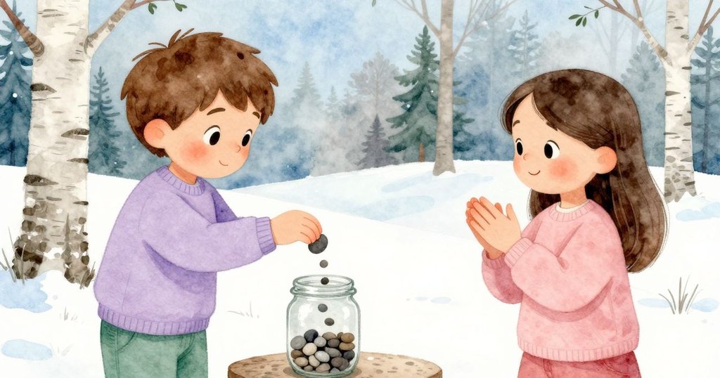 Birch正將卵石投入瓶中，卻見一顆卡住，Bea快樂拍手鼓勵，呈現活力互動情景。