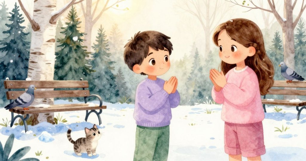 Birch與Bea面向遠方分享快樂，一隻小貓輕步草地鴿子飛落長椅，溫暖日光中展現新開始。