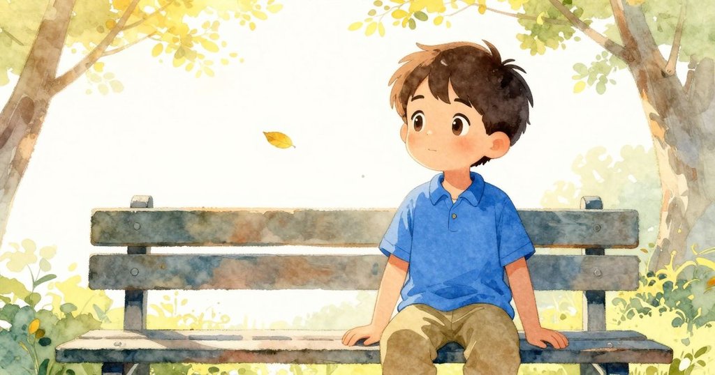 路克坐在公園長椅上,剪影清晰,樹影伴隨水面反光,葉子緩緩飄向身側,開啟故事情節