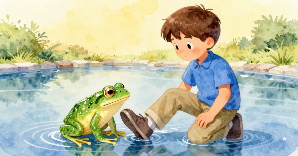 濕潤青蛙跳近路克,晶亮綠皮閃爍光芒輕觸鞋子,池塘水波逐漸擴散,遠處鴨鳴迴響