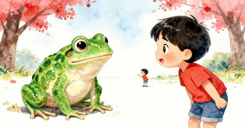 遠方孩子愉快問候中青蛙停下動作,空氣中瀰漫著緊張與期待,背景公園呈現溫柔光影