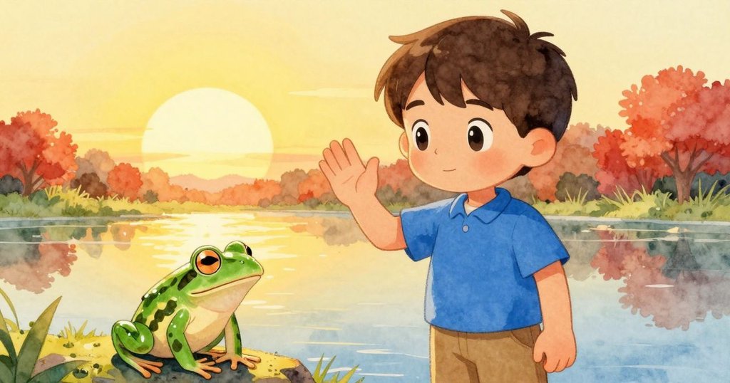路克面帶溫柔微笑揮手告別青蛙,青蛙優雅躍回池塘,夕陽映照下呈現出情感交流與平靜結局