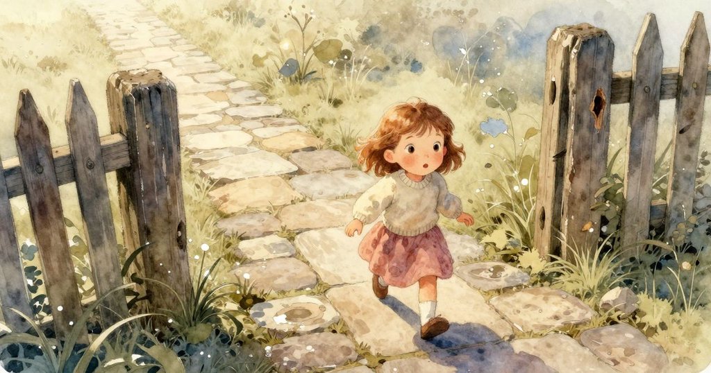 Ada 穿著淡粉色裙子在石子路上走向生鏽柵欄，寒露點綴，她好奇探視窄縫，充滿晨光氣息。