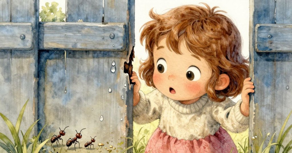 Ada 俯身透過柵欄縫隙觀察，水珠映出她好奇眼神及忙碌螞蟻，在葉影中映出自然細節。