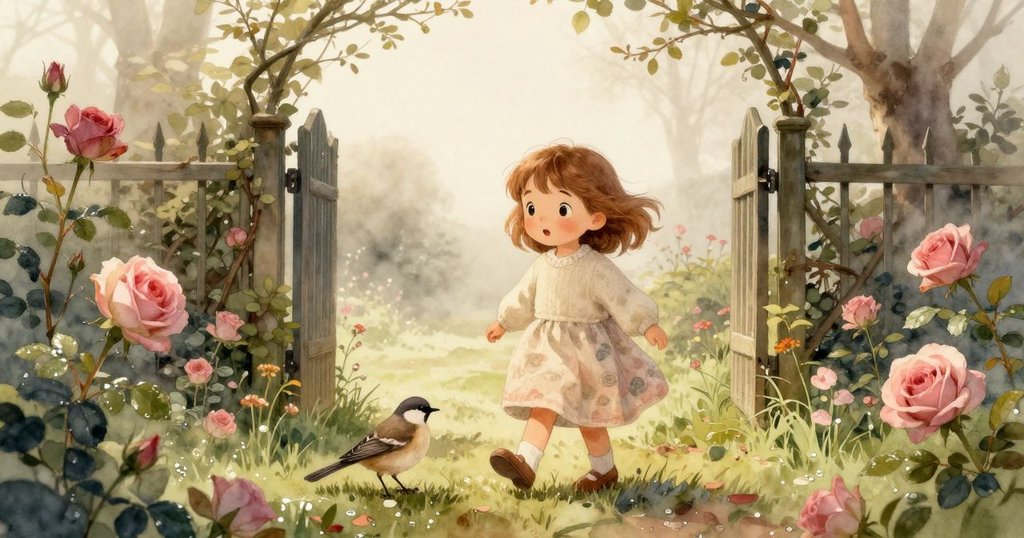 Ada 穿越露水花園，輕柔晨光中鳥兒細心理羽，一起營造出自然清新氣氛和前往開放大門的期待。