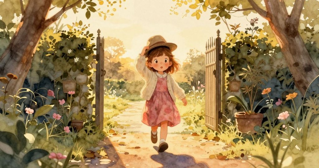 在夕陽金色餘暉中，Ada捧著被救帽子，臉上流露著滿足微笑，溫暖結束一天的探索，伴隨愉悅鳥鳴。