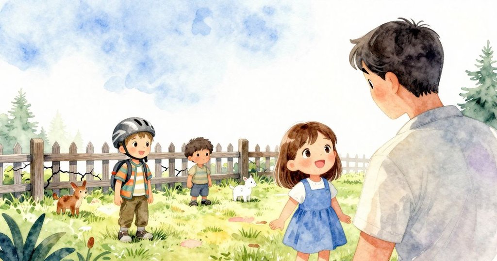 孩子站在柵欄外, 姐姐依靠鐵軌, 大人跪地指引, 小雞與鴨仔活躍於庭院, 陽光明媚暖意濃