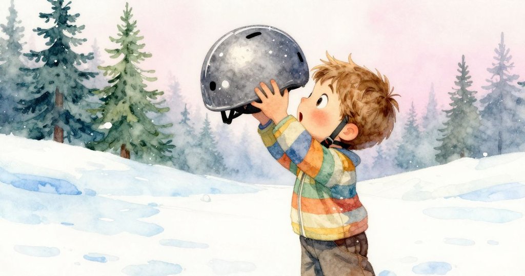 孩子低頭斜戴安全帽, 眼神充滿好奇與興奮, 陽光柔和映照面容, 情感專注生動自然