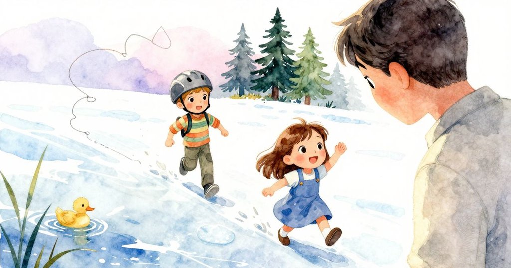 小鴨在蘆葦邊掠水而過, 風箏線神秘盤旋, 傾斜角度增添奇趣, 陽光柔和照耀自然景致