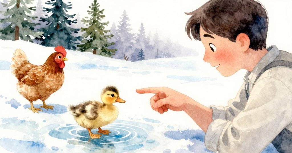 大人大聲指向隱藏小鴨, 羽毛輕拂積水, 小雞靜觀周圍, 探索發現瞬間充滿驚喜與期待