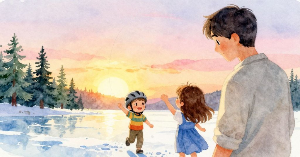 夕陽金光映照, 家人與自然共享溫暖輕風, 風箏線搖曳呈現柔和動感, 故事在寧靜美景中落幕