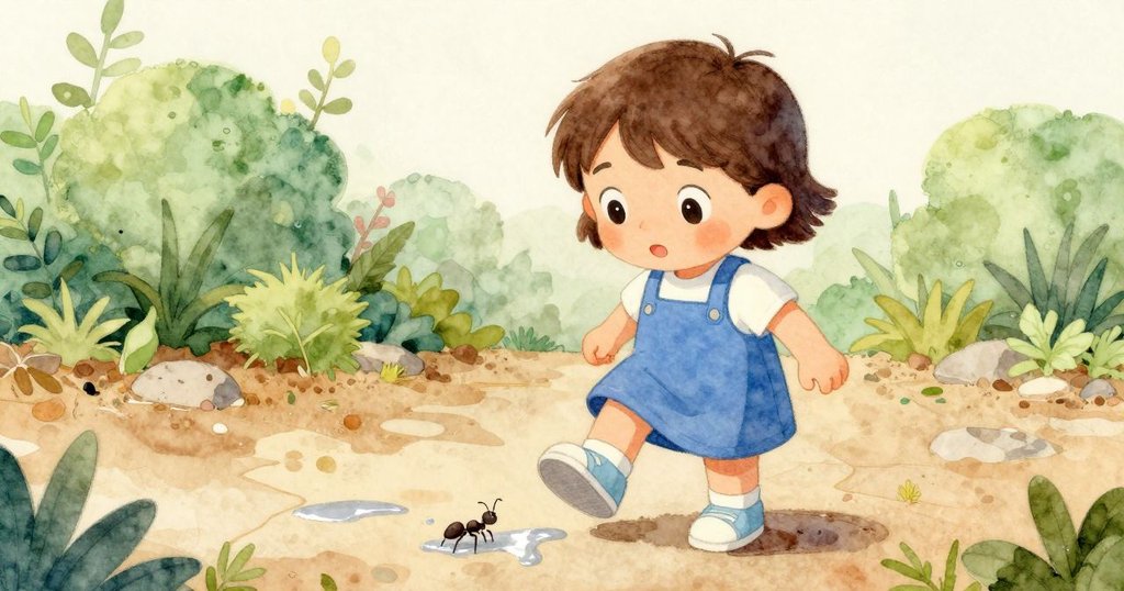 Stella朝大門前進，鞋旁有小螞蟻爬行，濕潤銀線在石頭上閃爍，展現細膩路徑場景