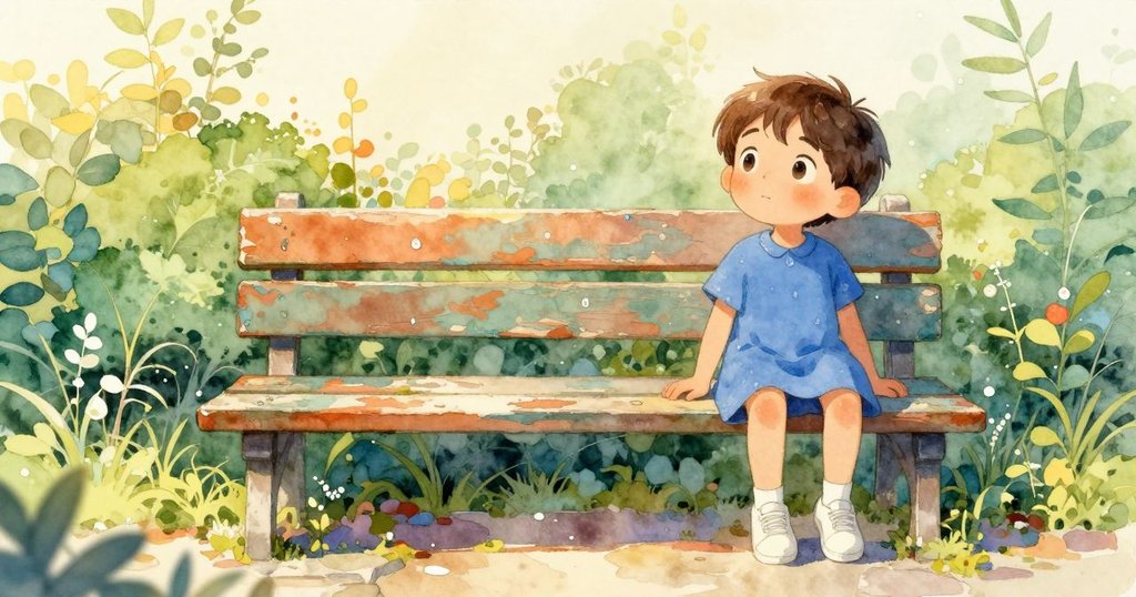 Stella輕步走近彩色剝落的長椅，水珠似星點綴木頭，清晨光輝中自然細節呼應季節轉變