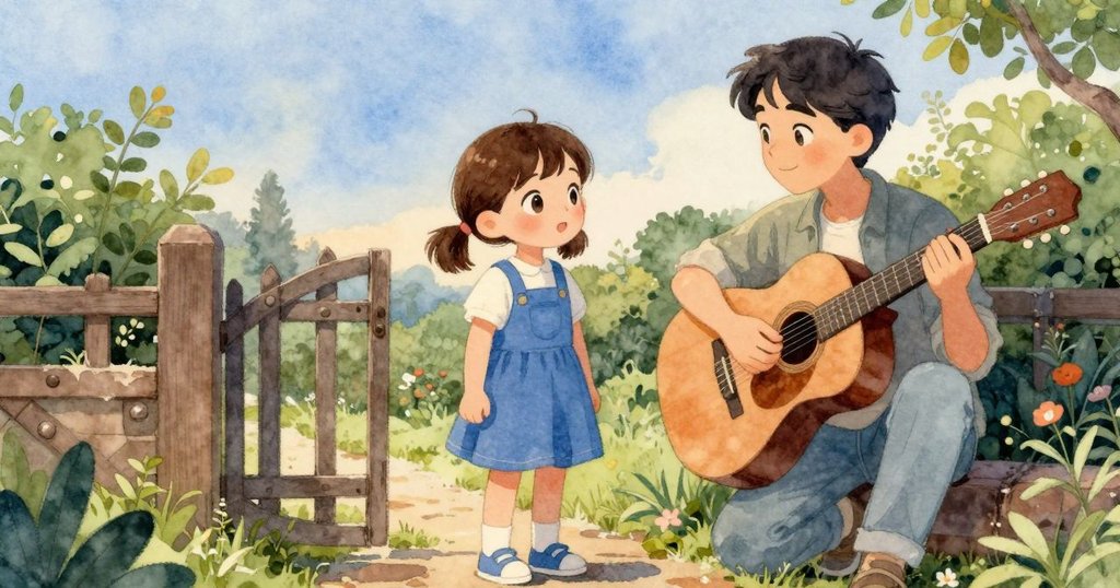 Stella注視著花園門旁彈吉他的成年人，樂音輕柔流淌與濕跡交織，展現探索與發現的動人瞬間
