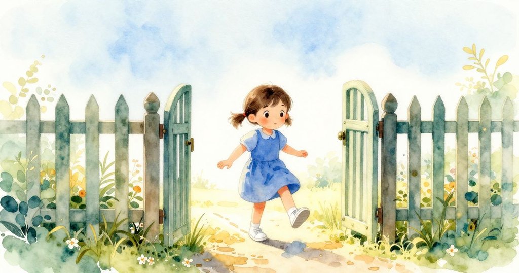 Stella邁步穿過打開的花園大門，背後濕潤痕跡隱約發光，展現勇敢探索與美好結局的旅程