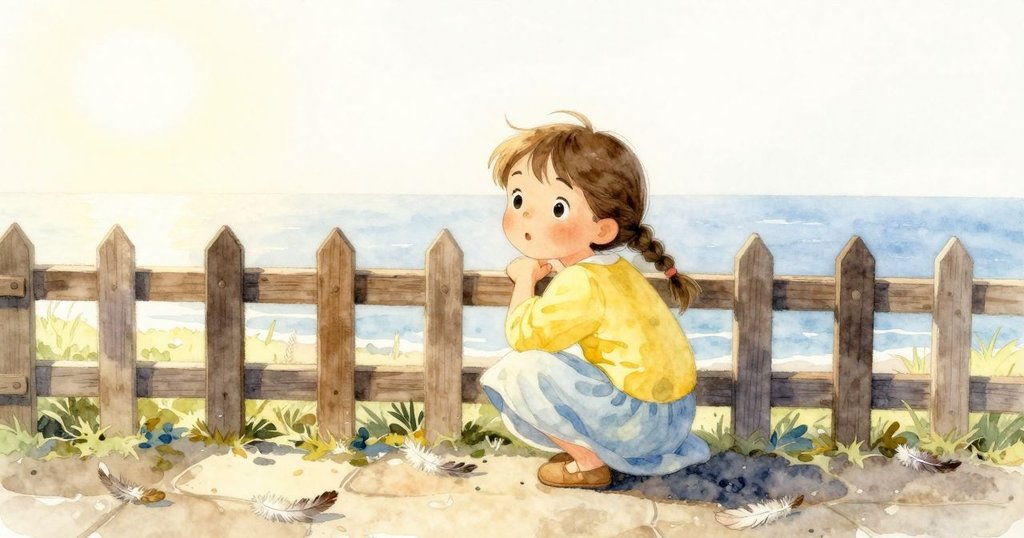 奧莉維婭在清晨低矮籬笆旁蹲著觀察飛舞的明黃色羽毛，背景有散落羽毛和暖石，神情專注