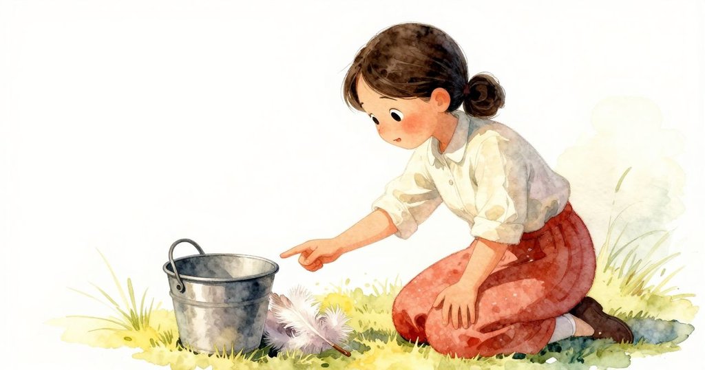 羅莎在戶外溫柔指向柔軟羽毛堆旁的舊水桶，神情關懷，與奧莉維婭互動，背景充滿晨光