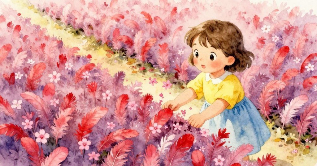 一朵粉紅花輕盈飄入整齊羽毛堆中，暫時打亂排列，現場充滿自然詩意與柔和光線