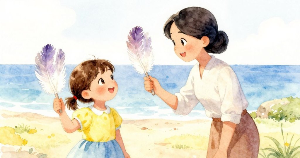 奧莉維婭與羅莎一同欣賞整齊羽毛扇，溫馨微笑中展現滿足喜悅，柔和晨光襯托戶外場景