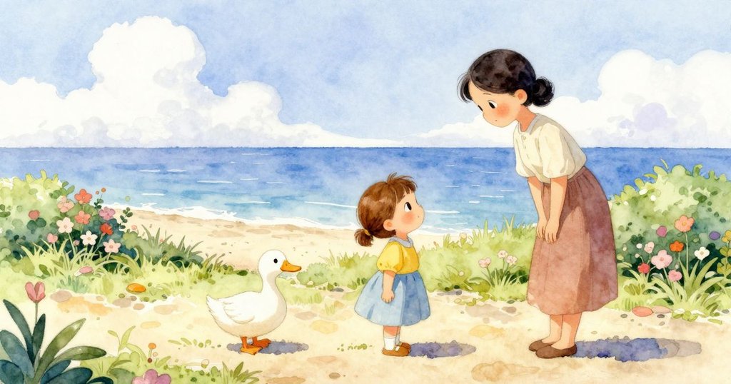 一隻鴨子慢步走在花園小徑上，奧莉維婭與羅莎溫柔注目告別，整個場景洋溢著溫暖晨光