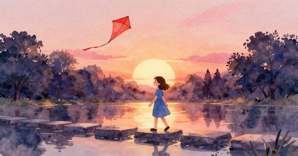 Freya走在石板路上, 背景有高飛的紅色風箏, 半開的雛菊花苞在前, 陽光灑落, 表情平靜