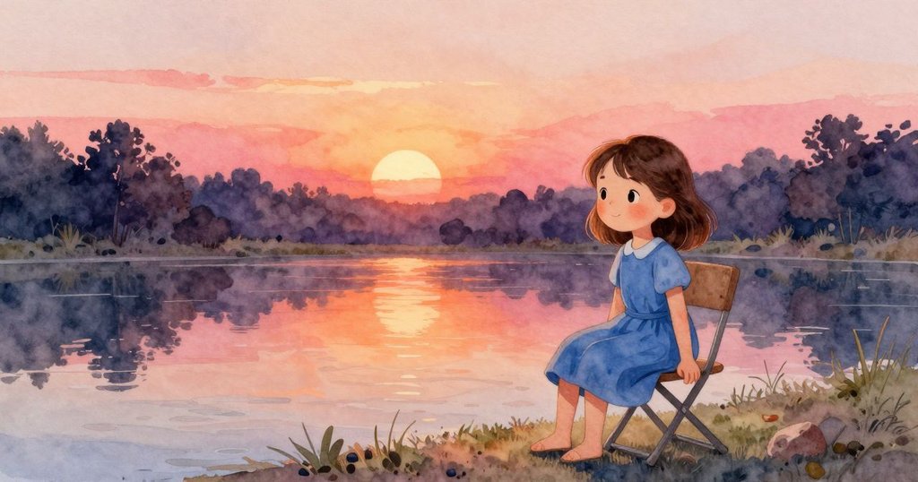 池塘邊有一把折疊椅, 輕柔的編織座椅映照在平靜水面, 柔和光線中展現時間流逝