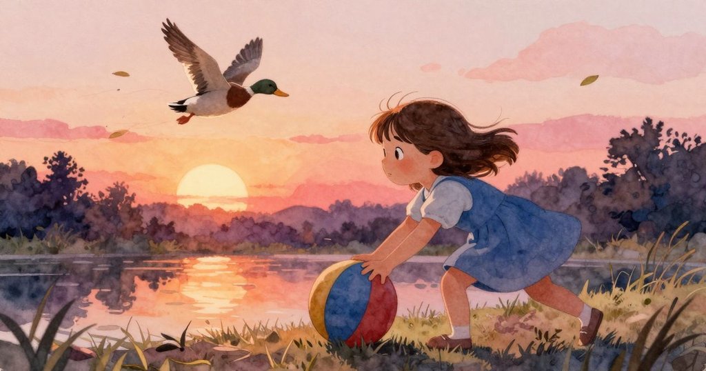 Freya輕推滾動的球, 一隻鴨子展翅飛離, 微風輕拂池塘及頭上樹葉, 表情充滿希望與好奇