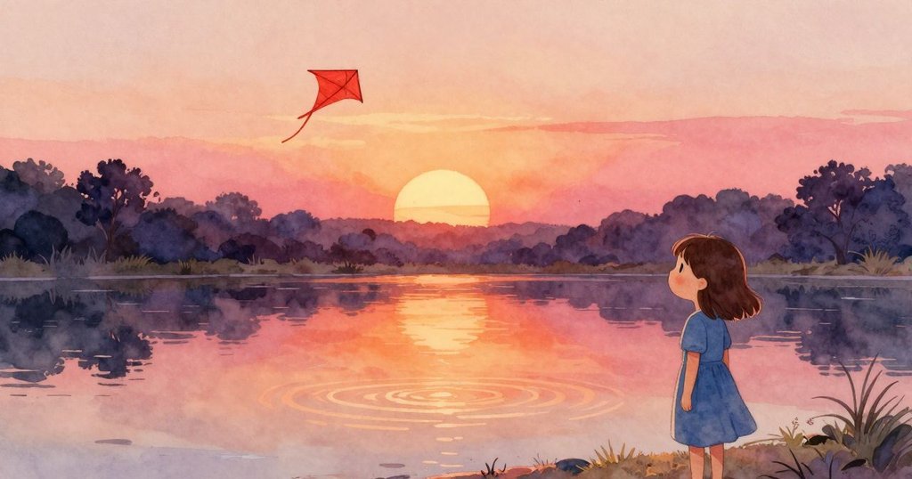 溫暖夕陽映照, 池塘水波呈現紅風箏倒影, Freya面帶寧靜微笑, 成長與希望的象徵