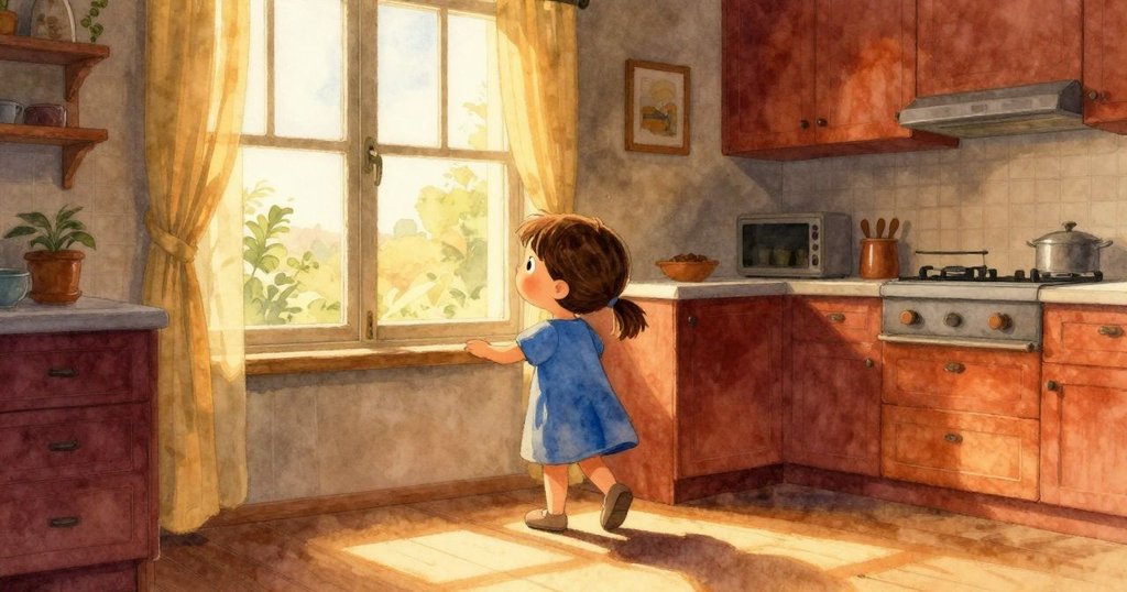 小孩穿著藍裙在溫暖廚房內走向窗邊，窗外有靜謐庭院和低垂紅玫瑰，臉上洋溢著期待。
