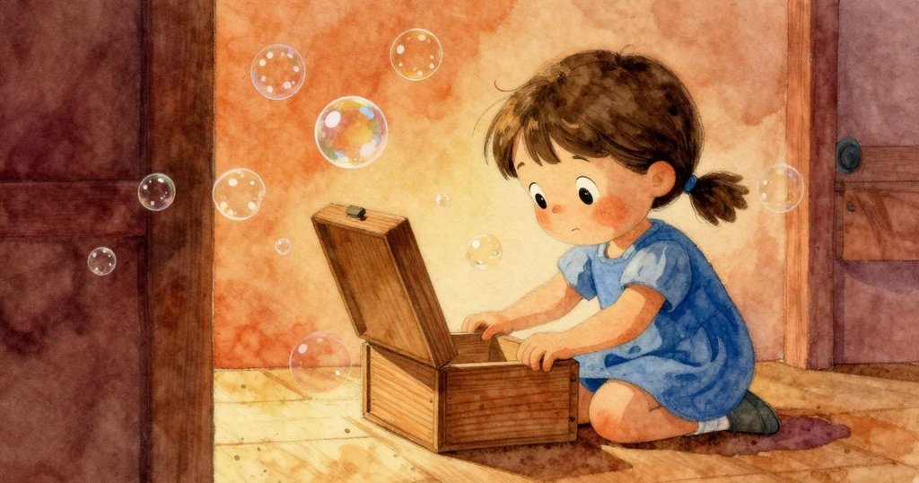 小孩在廚房櫃檯前打開木盒，裡面放著濕布與微光泡沫，動作小心而充滿好奇。