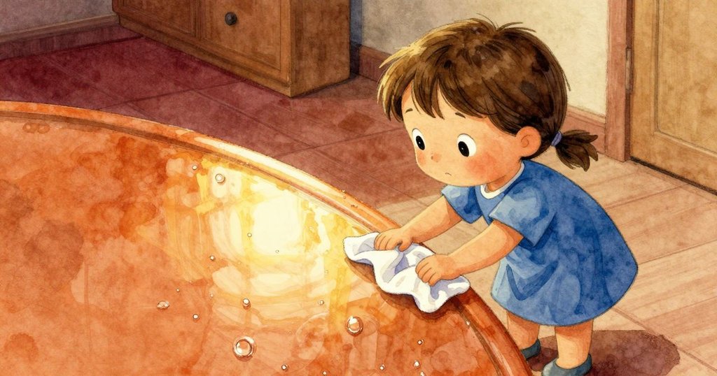 小孩俯身觀察櫃台上乾布的倒影，陽光直射在水珠上，映出驚奇而溫柔的神情。